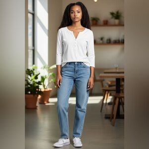 Karen Scott Petites White Henley Top 3/4 Sleeve Cotton Shirt PL Classic Casual